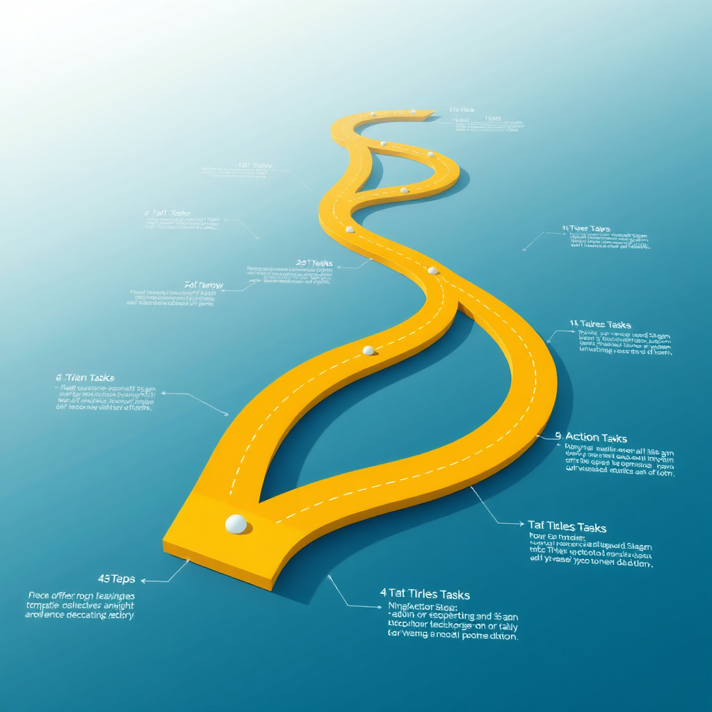 A photorealistic image showing a roadmap filled with action steps. The roadmap is winding and complex, but it leads to a clear destination at the horizon. Each step is clearly marked with actionable tasks and deadlines. The colors are bright and optimistic, conveying a sense of progress and achievement. The camera angle is slightly elevated, giving a bird's-eye view of the roadmap. Technical specs: 4K resolution, high quality.