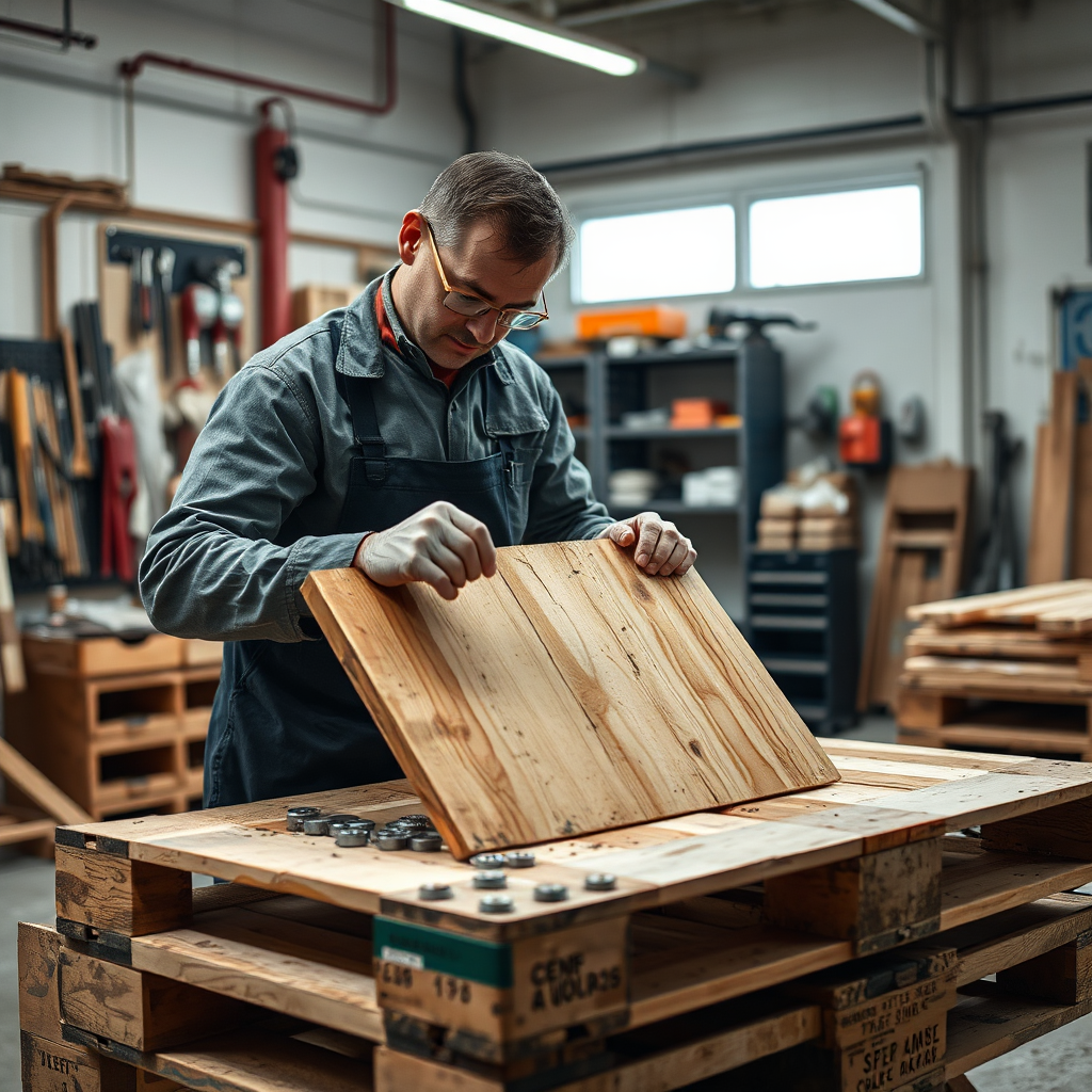 Technician repairing a wooden pallet
