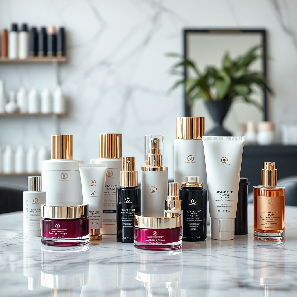 A still-life, photorealistic image of a selection of high-end beauty products on a marble surface in 'No Other Place Hair Salon'. Focus on the luxurious packaging and the textures of the products. Soft, diffused lighting highlights the details. The color palette is sophisticated and elegant. Ultra High Definition.