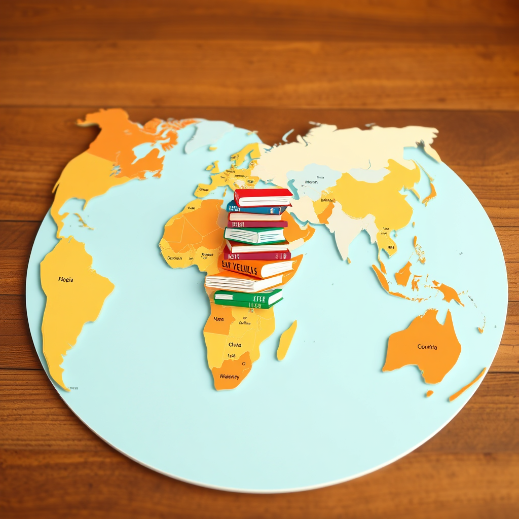 A stylized, global map made of books stacked on top of each other representing different countries and regions. The style should be illustrative, using warm colors to highlight popular regions. The map appears on a wooden table. Technical specs: 4K resolution, clean and modern design.