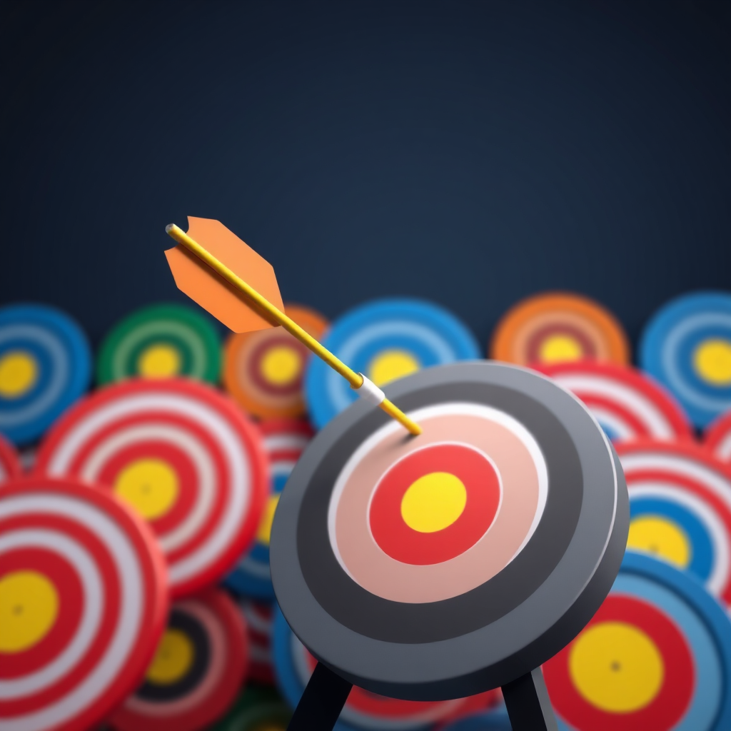 A stylized image of targets and arrows. An arrow striking the bullseye. A variety of colorful targets in the background. The image should be visually appealing and simple, conveying the idea of achieving goals with precision. Technical specs: 4K resolution, high quality.