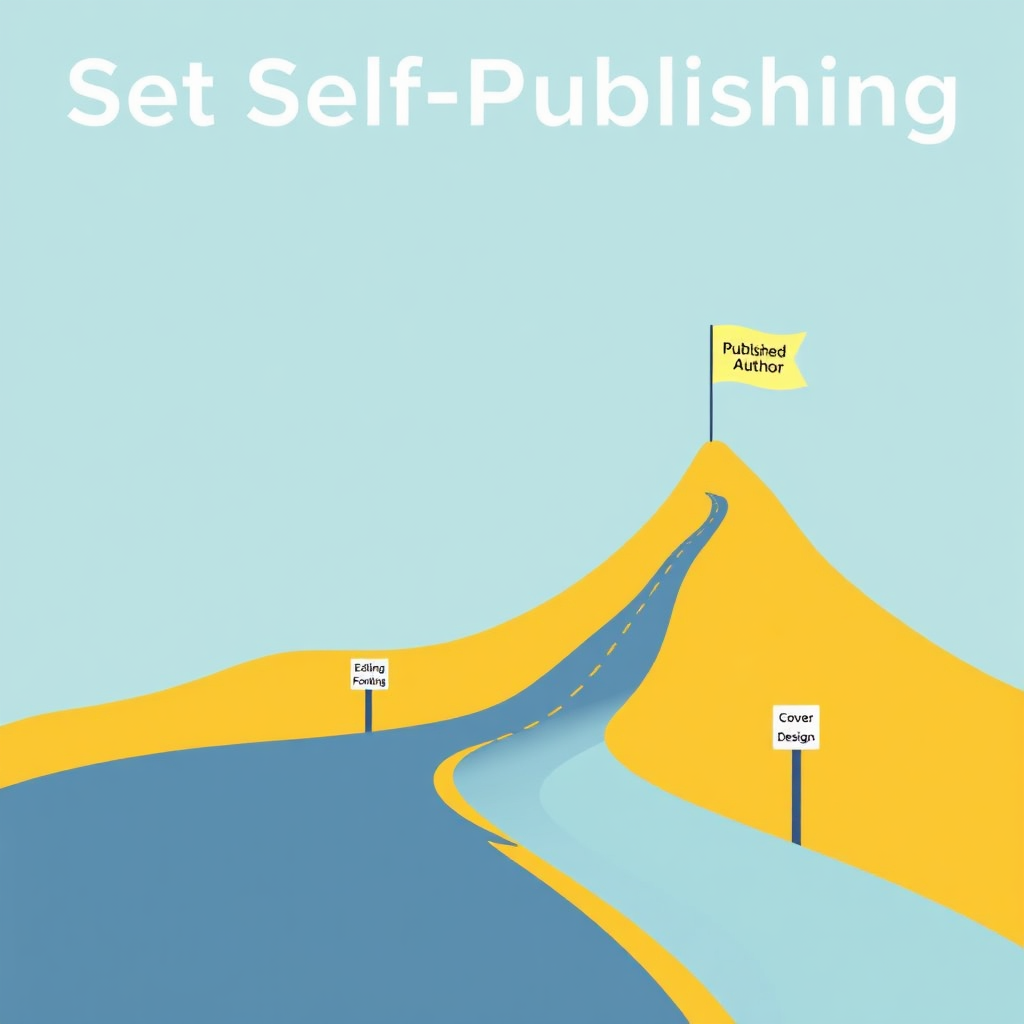 A stylized image representing the self-publishing process. Picture a winding road leading to a distant mountaintop with a flag that says 'Published Author'. Along the road are milestones with labels like 'Editing', 'Formatting', and 'Cover Design'. The style is clean, minimalist, and slightly abstract. Color palette: Bright and optimistic, with a gradient from light blue to golden yellow. Technical specs: 4K resolution, vector graphics.