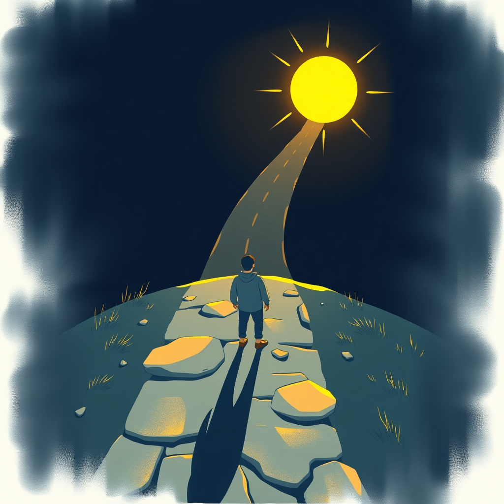 A stylized image representing the discovery of one's purpose. The scene should depict a person standing at a crossroads, with one path leading to a bright, sunny future and the other to a dark, uncertain one. The composition should be symbolic and metaphorical, using lighting and color to convey the different paths. The color palette should be contrasting, with bright, vibrant colors representing the positive path and dark, muted colors representing the negative path. The camera angle should be slightly elevated, giving a bird's-eye view of the crossroads. The style should be illustrative and slightly abstract. Technical specs: 4K resolution, high quality.