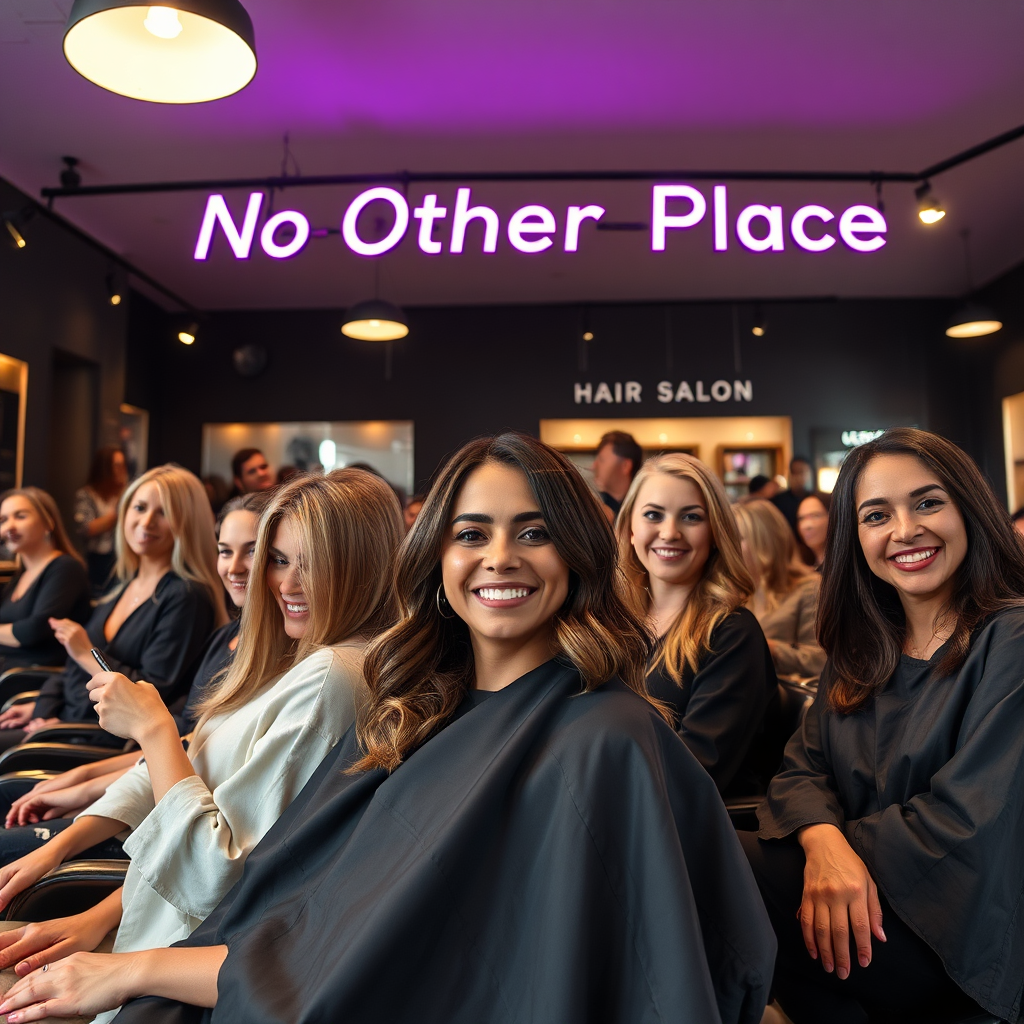 A wide-angle, photorealistic image of multiple clients enjoying services at the 'No Other Place Hair Salon'. Friendly smiles and relaxed postures. Soft, natural lighting illuminating the scene. A general happy feeling of being at the salon. Ultra High Definition.