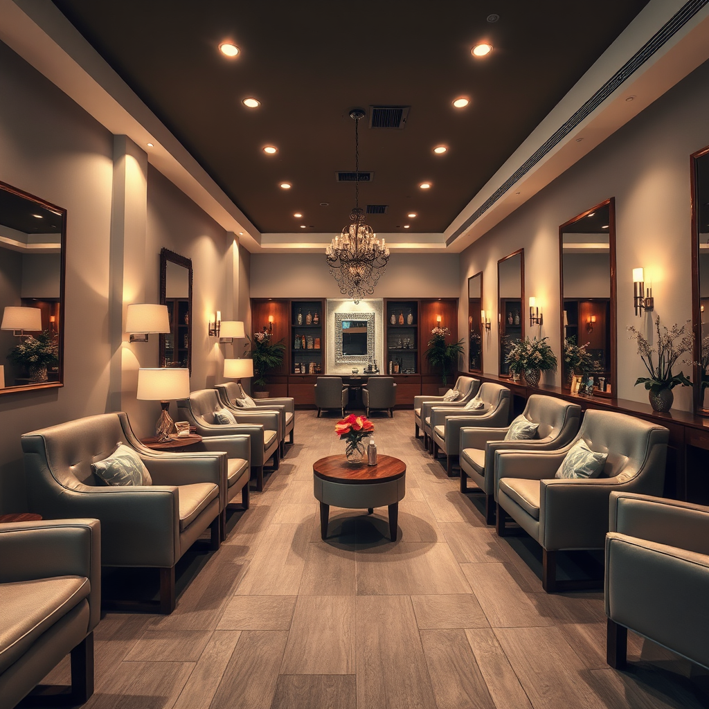 A wide-angle, photorealistic image of the relaxing area inside the salon with comfortable seating, soft lighting, and elegant decorations. Focus is on the serene ambiance and the calming atmosphere. Low lighting levels and warm color tones. Camera angle is slightly elevated to give a full view. Ultra High Definition.