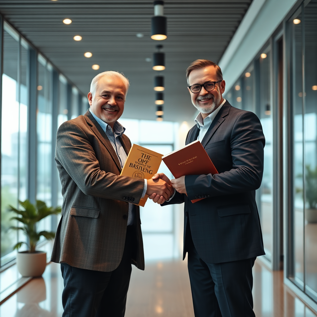 An image representing a handshake between an author and publisher standing inside of a modern office building. Each person should be holding a copy of the same book. Focus on capturing the expressions of partnership, determination, and success. Technical specs: 4K resolution, photorealistic.