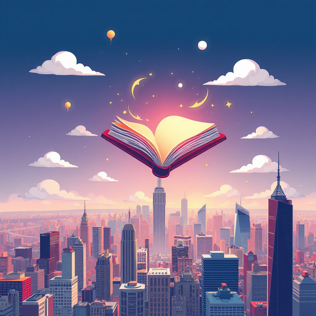 Create a visually appealing image representing the self-publishing process. Imagine a book taking flight, soaring above a city skyline. The book is vibrant and colorful, representing the author's creativity. The city below symbolizes the publishing industry. The overall mood is empowering and liberating. Technical specs: 4K resolution, stylized illustration.