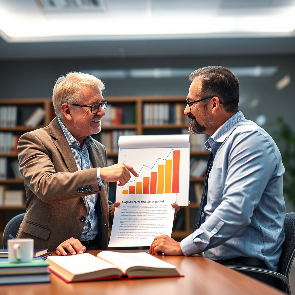 Depict a consultant in a professional setting, advising an author. The scene should convey trust, expertise, and collaboration. The consultant is pointing at a chart showing book sales growth. The lighting is bright and professional. The overall tone is optimistic and supportive. Technical specs: 4K resolution, photorealistic.