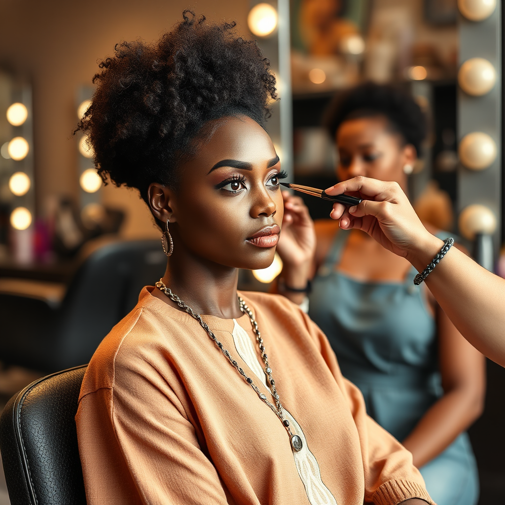 A close-up, photorealistic image of a makeup artist applying the final touches to a client's makeup in 'No Other Place Hair Salon'. Focus on the delicate details and the artist's precision. Soft, diffused lighting highlights the client's radiant skin. The camera angle is close to the face, capturing the intricate details. Ultra High Definition.
