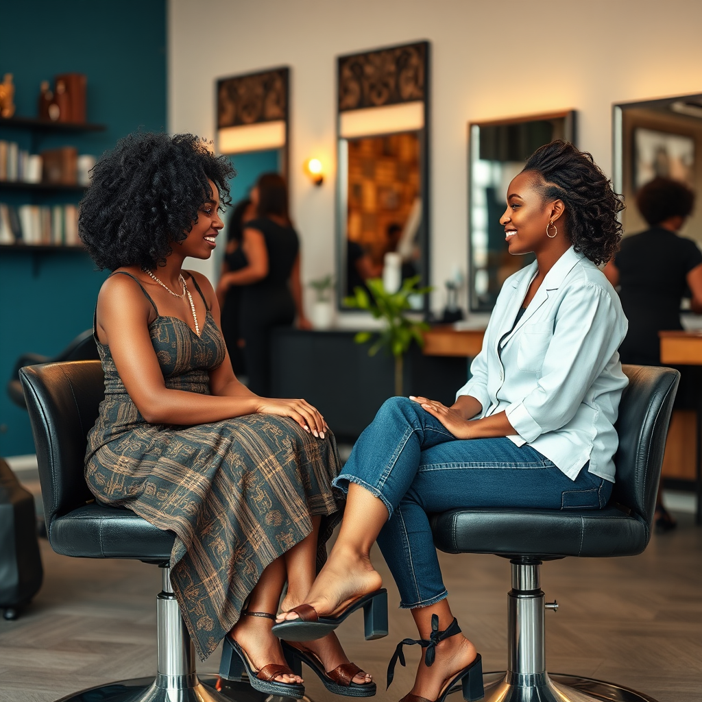 A close-up, photorealistic image of a stylist having a one-on-one consultation with a client in 'No Other Place Hair Salon'. The client is seated comfortably while the stylist is attentively listening. Focus on the warm, empathetic expressions on their faces. Soft, natural lighting illuminates the scene. The backdrop is blurred to keep the focus on the individuals. The color palette is warm and inviting. The camera angle is slightly angled from the side to capture their expressions. Ultra High Definition.