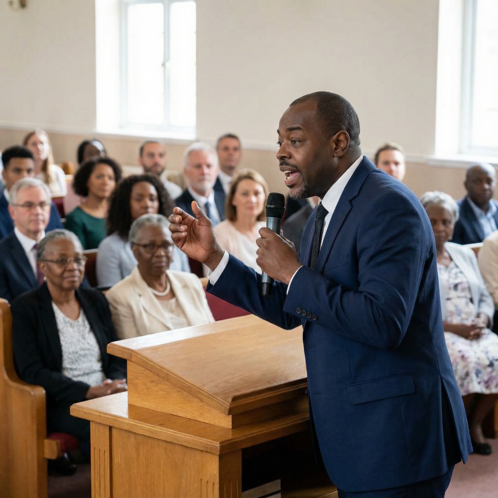 Pastor Williams preaching with passion and conviction, his voice echoing through a crowded church. Capture the energy and emotion of his sermon. Photorealistic style with dynamic lighting and a focus on audience reaction.