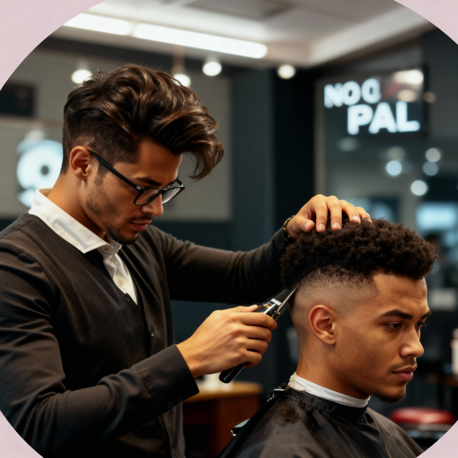 A dynamic, photorealistic image of a stylist performing a modern haircut on a client in 'No Other Place Hair Salon'. Focus on the stylist's skill and precision. Bright, focused lighting highlights the action. The background is blurred to emphasize the subject. Ultra High Definition.
