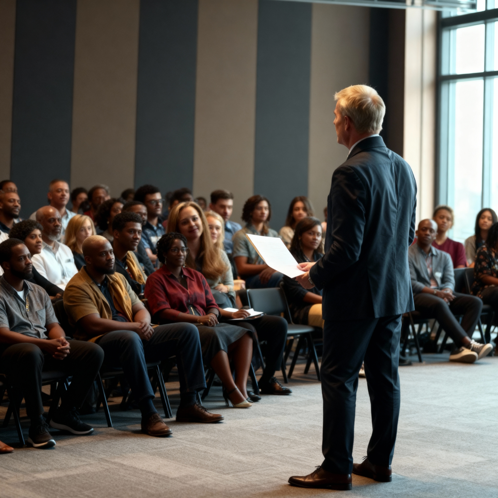 A photorealistic, ultra-high quality header image for "Coaching With Favor Academy." The scene should depict a diverse group of individuals standing on a mountaintop, bathed in the warm, golden light of sunrise. They are all smiling and looking forward, symbolizing optimism and achievement. The composition should be wide and expansive, capturing the vastness of the landscape. The color palette should consist of warm tones like gold, orange, and yellow, with accents of green and blue in the surrounding nature. The camera angle should be a low angle, looking up at the individuals to emphasize their strength and determination. The texture details should be highly realistic, capturing the wrinkles on their faces, the texture of their clothing, and the details of the natural environment. In the foreground, place a coaching notebook and pen. Style reference: motivational stock photos. Technical specs: 8K resolution, hyperrealistic.