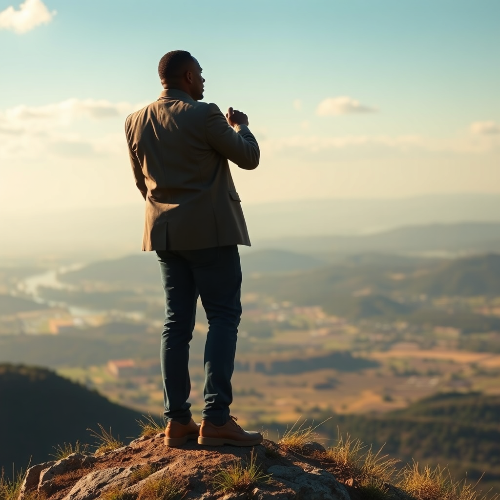 Pastor Williams standing on a hilltop, looking out over a vast landscape, symbolizing his vision for the future. Use dramatic lighting to emphasize his leadership and determination. Photorealistic style with a focus on perspective and scale.