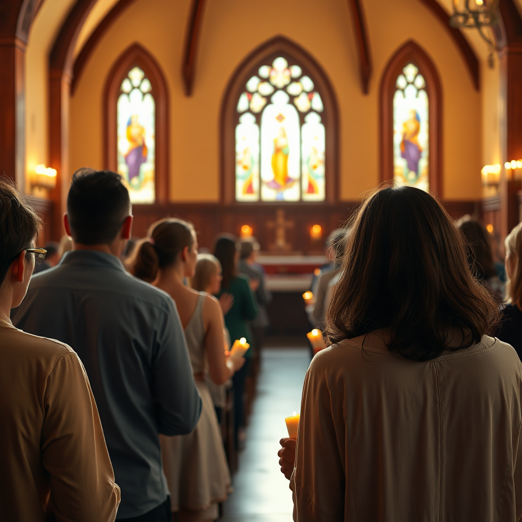 A beautiful, photorealistic scene within a serene sanctuary, featuring individuals engaged in worship with soft candles flickering in the background. The warm, inviting colors of the room are enhanced by natural light streaming through stained glass windows. A slightly wide-angle view captures both the emotional connection among attendees and the intricate architectural details of the space. Textures present in the fabrics of garments and elements of the sanctuary should be highlighted, aiming for an engaging 4K resolution.