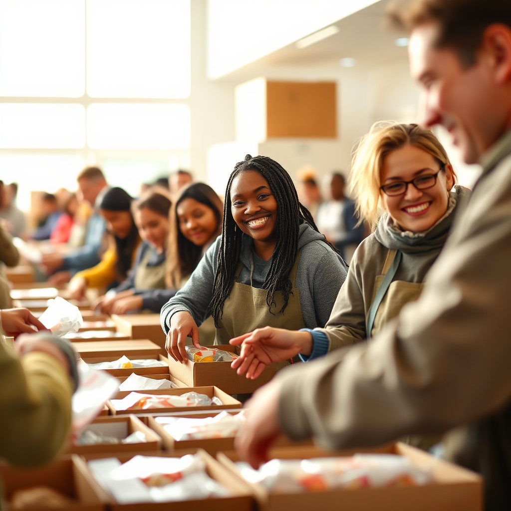 A compelling, photorealistic image showing ministry volunteers organizing a community outreach event. The scene should highlight volunteers packing food in a bright, organized setting, with the backdrop of cheerful faces. Warm lighting accentuates the sense of solidarity and connection, with attention to textures in clothing and boxes. Capturing the essence of service, this image should aim for high-quality representation in a vibrant color palette.