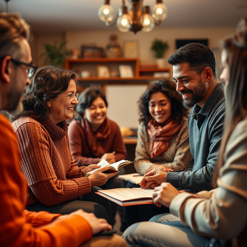 A heartwarming, photorealistic image representing the essence of ministry and community. The scene depicts a caring leader facilitating a group discussion among diverse participants in a cozy community center. Soft, ambient lighting creates an inviting atmosphere, with warm colors dominating the palette to evoke feelings of togetherness. The camera captures an intimate angle, close enough to reveal the expressions of engagement and understanding among the participants. Props such as open books, notepads, and a whiteboard enhance the educational aspect. This image should be produced in high quality, 4K resolution, to effectively resonate with the themes of connection and spiritual growth.