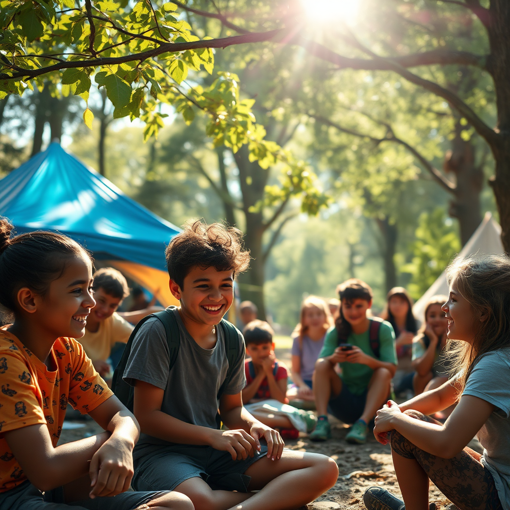 A lively and colorful, photorealistic scene showing youth engaged in fun activities at a ministry camp. The atmosphere is filled with laughter, surrounded by trees and tents, and features various group activities tying into community and faith building. Bright sunlight filters through the branches, creating spots of warmth and excitement in the composition. This image should capture the vitality of youth ministry, with textures of clothing and nature detailed, aiming for high-quality 4K output.