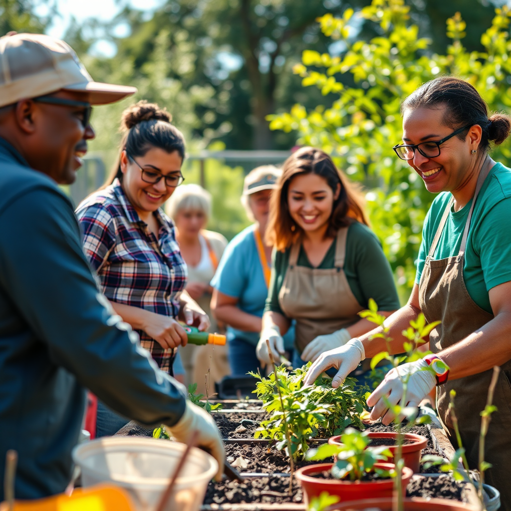 A photorealistic scene of community members working together on a local project, like a community garden. Bright, cheerful colors depict teamwork and collaboration, with sunlight enhancing the scene’s warmth. The camera angle captures a sense of motion and togetherness, focusing on the interactions and smiles among participants, while texture details of plants and equipment highlight the vibrancy of this community engagement. The image should strive for a high-quality, 4K resolution.