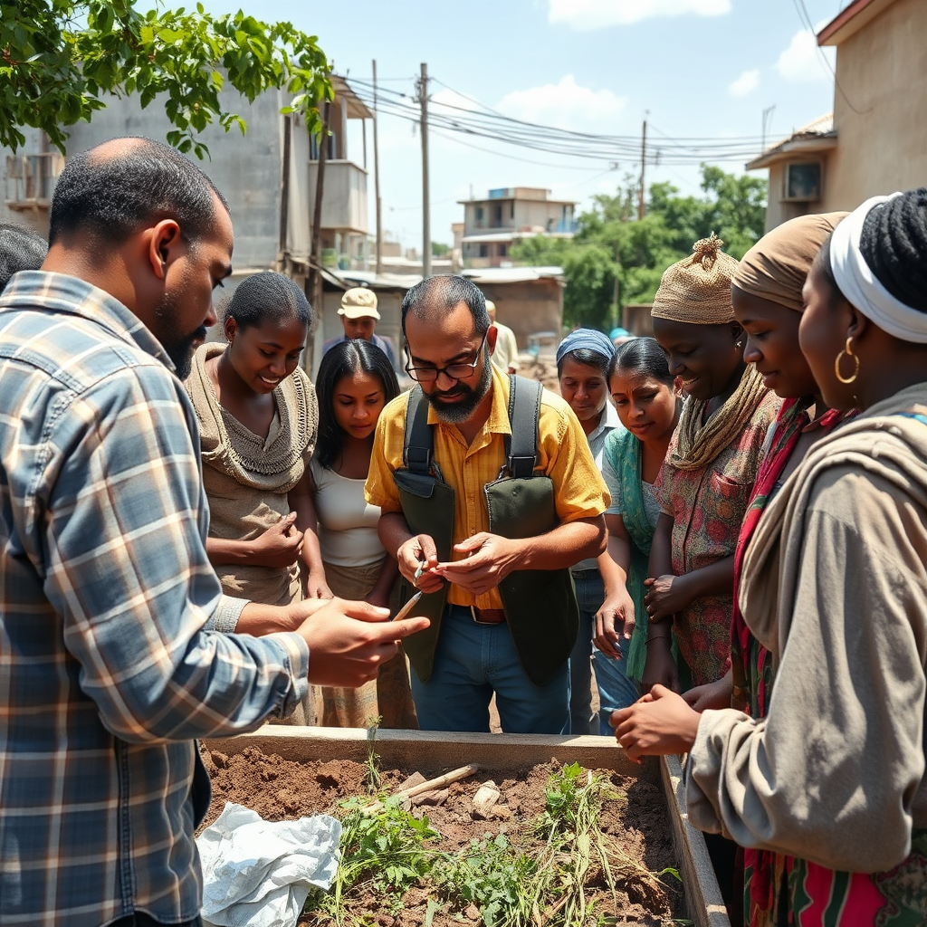 A powerful photorealistic scene illustrating a ministry worker collaborating with community members on a development project. The image features a blend of urban and rural settings, with bright natural light enhancing the optimism of the gathering. Various textures—such as construction materials, greenery, and clothing—are detailed, revealing a sense of active participation. The angle is dynamic, emphasizing inclusivity and cooperation, ideal for representing community ministry.