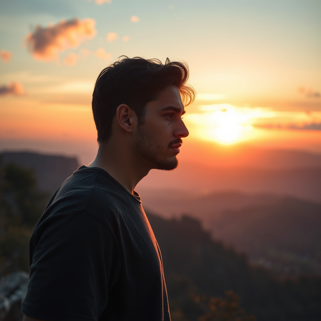 A striking, photorealistic image of an individual in quiet contemplation at a scenic overlook during sunrise, bridging nature and spirituality. The vibrant colors of the dawn sky evoke feelings of hope and renewal, while the thoughtful expression emphasizes personal transformation. The angle provides a dramatic landscape backdrop, with rich textures in the natural elements focusing on the individual. Intended for a high-quality 4K resolution, this image embodies the essence of spiritual awakening.
