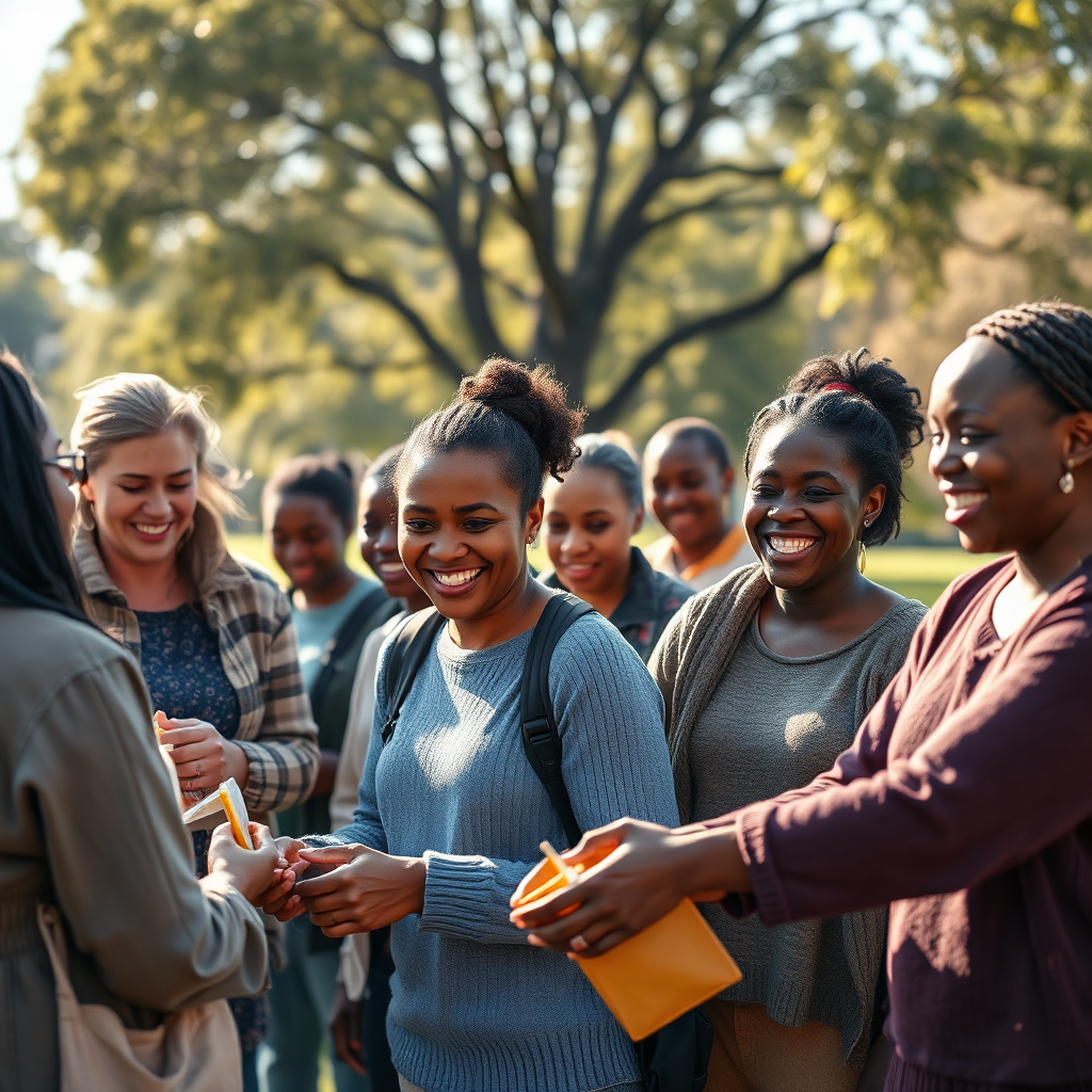A stunning photorealistic image capturing the spirit of 'Troika Ministries'. The composition features a diverse group of people engaging in community service, showcasing acts of kindness and support. Bright, natural lighting illuminates the scene, highlighting the smiles and positive interactions among individuals. The color palette is warm and inviting with soft earth tones and hints of vibrant colors to symbolize hope and joy. The angle is slightly elevated, providing a panoramic view of the people involved in various activities, set against a serene park background. Textures, such as the fabric of their clothing and the natural elements of the environment, are richly detailed. Ideal for an inspiring ministry theme, this image should achieve 8K resolution, hyperrealistic style that resonates with the essence of community and faith.