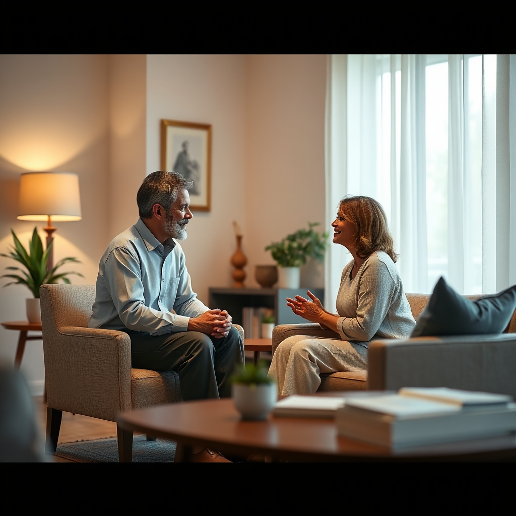A tranquil, photorealistic image depicting a spiritual counselor and a client engaged in meaningful dialogue in a serene office space with comfortable furnishings. Soft, ambient lighting creates a calming atmosphere, enhancing the connection between them. Rich textures of furniture and decor are present, with an inviting color scheme. This image captures the essence of spiritual counseling, aiming for a high-quality finish in 4K resolution.