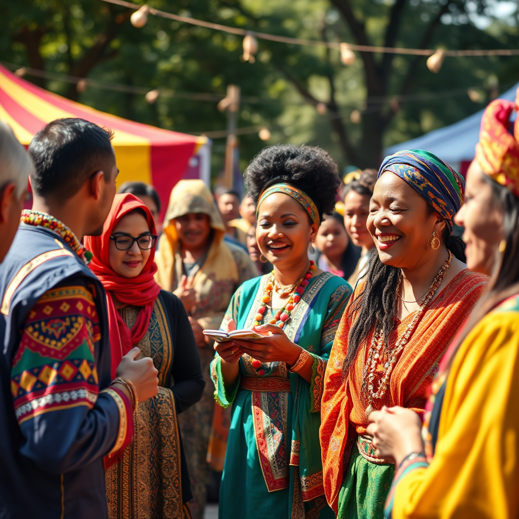 A vibrant, photorealistic image showcasing a multicultural gathering led by ministry organizers in an outdoor festival setting. The scene is alive with color and activity, emphasizing traditional attire from various cultures. Bright, cheerful lighting enhances the joyful atmosphere, with people actively engaged in sharing and celebrating their stories. The texture of the environment and clothing is rich, creating an immersive visual experience intended for striking 4K output.