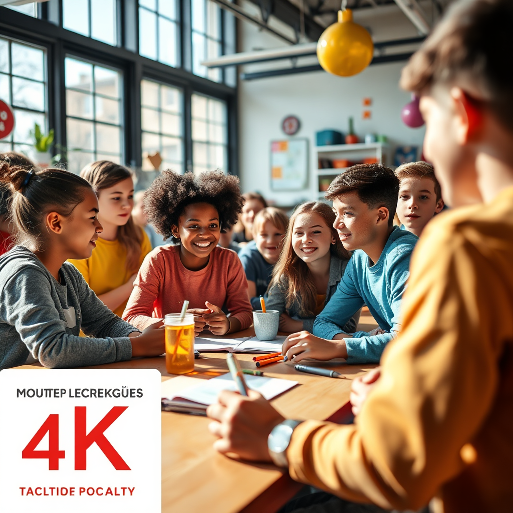 A vibrant, photorealistic image portraying a youth leadership workshop, filled with young participants actively engaging in discussions and activities. The setting should be energetic and colorful, incorporating elements that inspire creativity and teamwork. Bright natural light enters through windows, enhancing the positive vibe. The image should focus on capturing the energy of the youth involved while showcasing textures that convey a sense of movement and excitement, all in high-quality 4K.