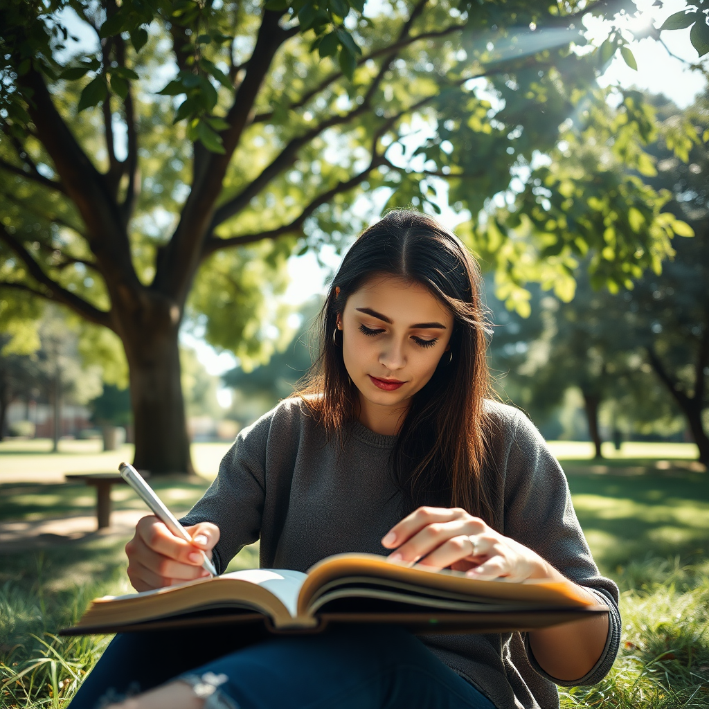 An inspiring, photorealistic image featuring a person journaling in a peaceful park under a tree. The composition captures soft sunlight filtering through leaves, casting dappled light on the page while subtle emotions of reflection and growth are evident on their face. The angle is intimate, focusing on the individual’s connection with nature and self, with detailed textures of their surroundings and journal aiming for 4K quality.
