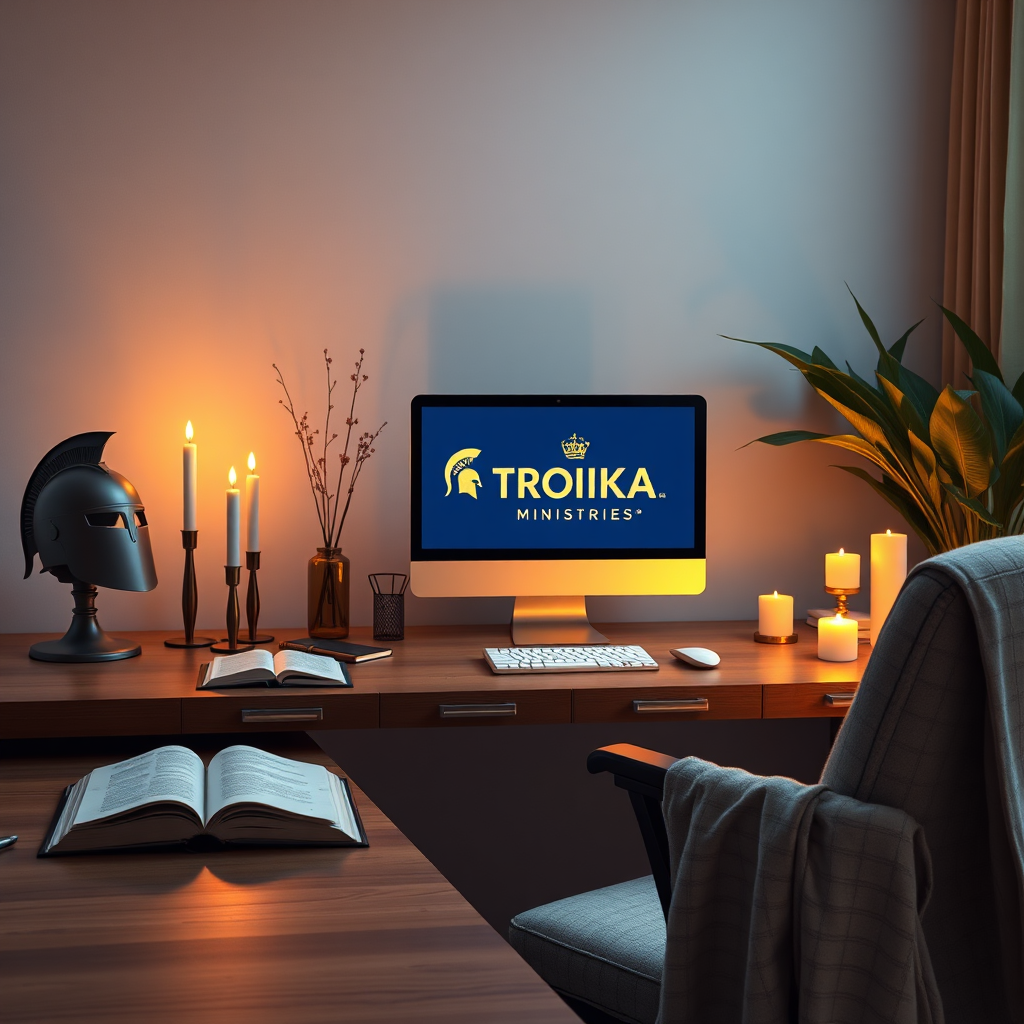 Create a photorealistic header image showcasing a serene and inspiring online learning environment embodying faith. The scene should feature a modern workspace with a glowing computer displaying the Troika Ministries logo, surrounded by elements symbolizing learning and spirituality, such as open books, candles, and a Spartan helmet. The setting is bathed in soft, warm lighting that highlights the Deep Faith Blue, Radiant Gold, and Ivory White color palette. The camera angle is slightly elevated to capture the entire workspace. The hyperrealistic image should have rich textures, including wood grain on the desk and soft fabric on a nearby chair, resulting in an 8K resolution for remarkable clarity.