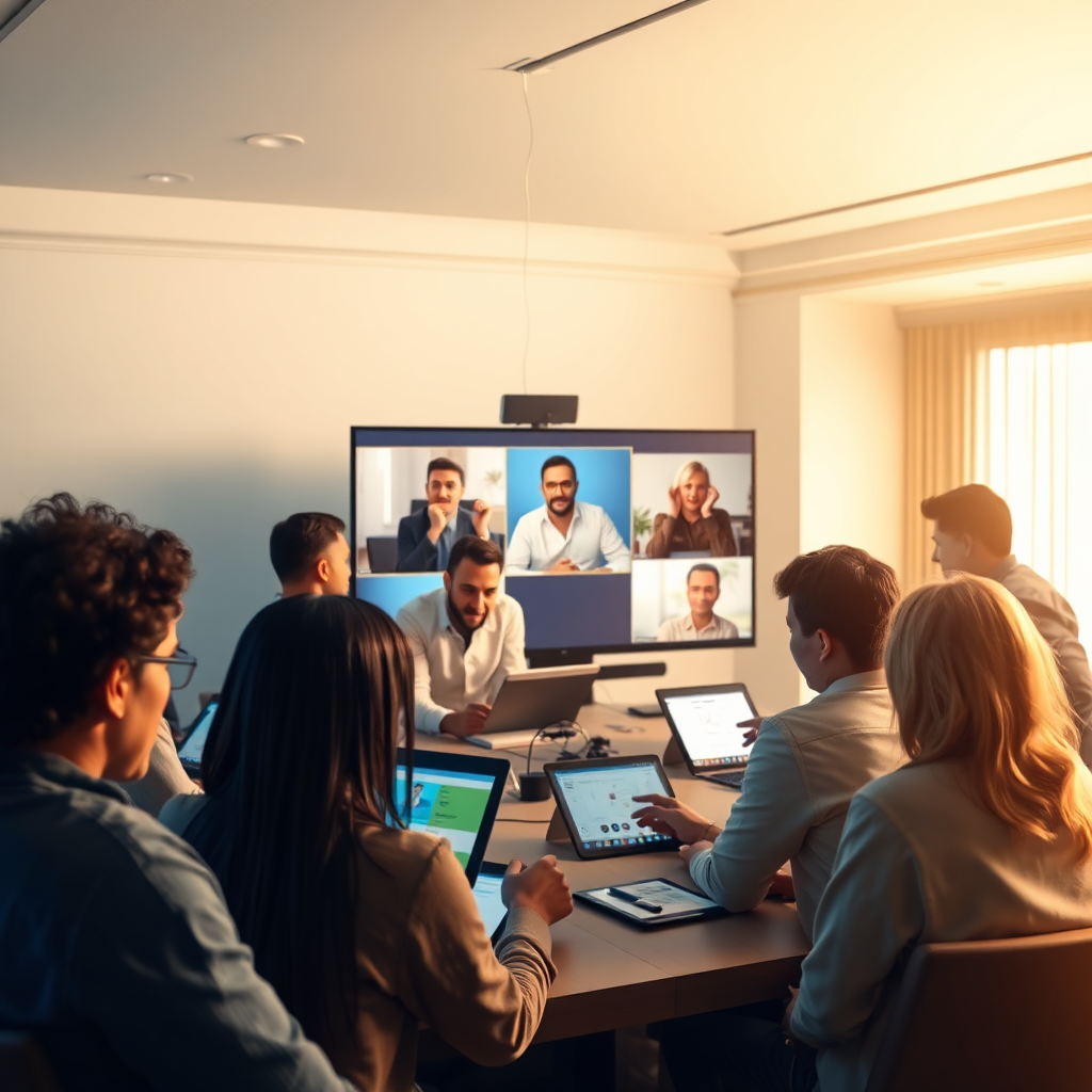 Create an image of an interactive online forum or virtual conference, showing a diverse group of people engaged in animated discussion. Highlight the use of technology such as tablets and computers. The background should blend Deep Faith Blue, Radiant Gold, and Ivory White tones, enhancing the faith-oriented atmosphere. Soft, warm lighting should create a welcoming environment, depicted in fine detail.