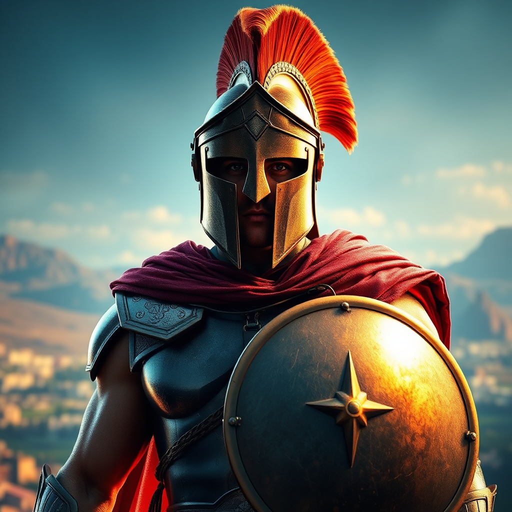 Depict a heroic figure embodying the Spartan spirit, donning a modern spin on traditional armor with the Troika helmet in view. The background should feature a digital landscape representative of online learning. Lighting should be dramatic to highlight strength and courage, with rich colors aligning with the brand palette, making the image captivating and inspiring.
