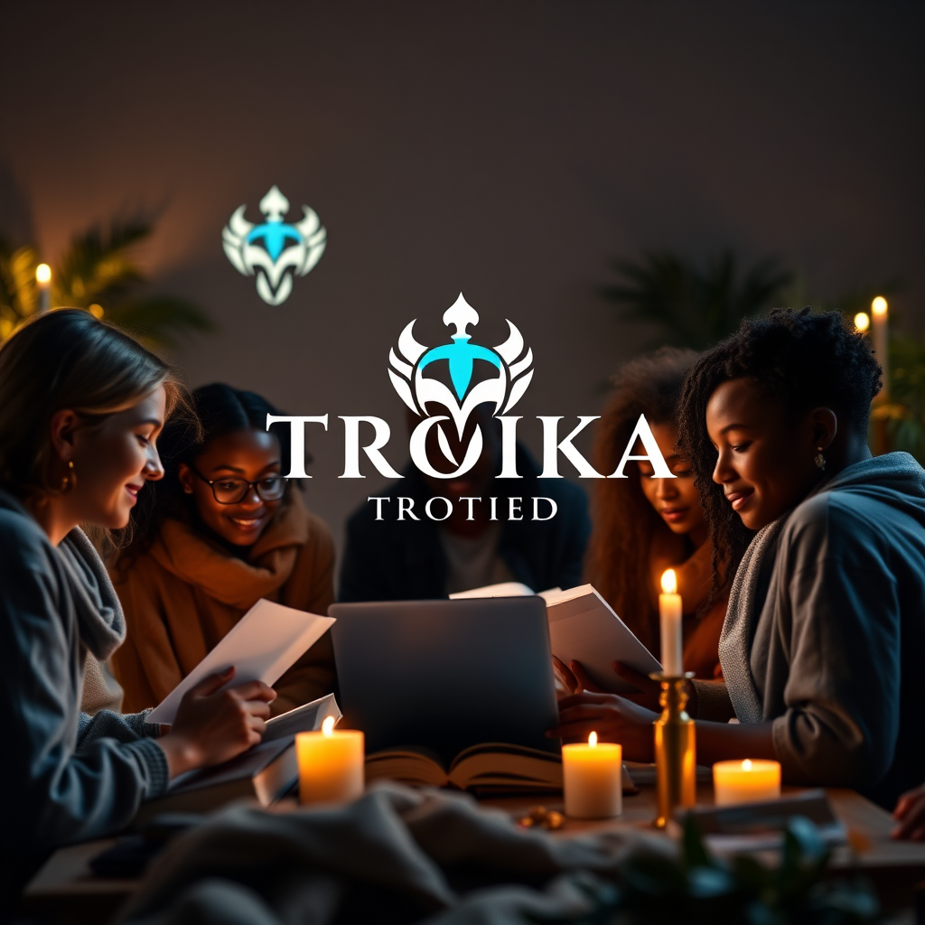 Design a compelling and photorealistic image representing the mission of Troika Ministries. The composition should focus on a diverse group of people engaged in learning together, surrounded by elements reflecting the Troika helmet logo and the color palette of Deep Faith Blue, Radiant Gold, and Ivory White. Include books, laptops, and lighted candles that symbolize faith and education. Use soft, glowing light to create a warm and inviting atmosphere. The camera angle should capture the camaraderie among learners, with textures such as fabric and foliage in the environment. This image should be rendered in high quality at 4K resolution.