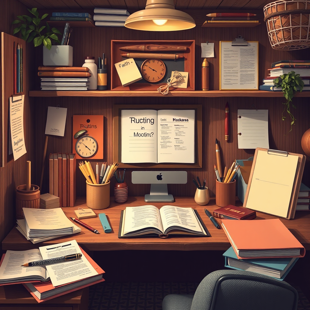 Design an inviting workspace filled with writing tools, notes, and elements that represent faith and learning. Features should highlight the cozy, creative process behind content creation, using the Troika Ministries colors. The atmosphere should breathe inspiration, depicted in vibrant detail.