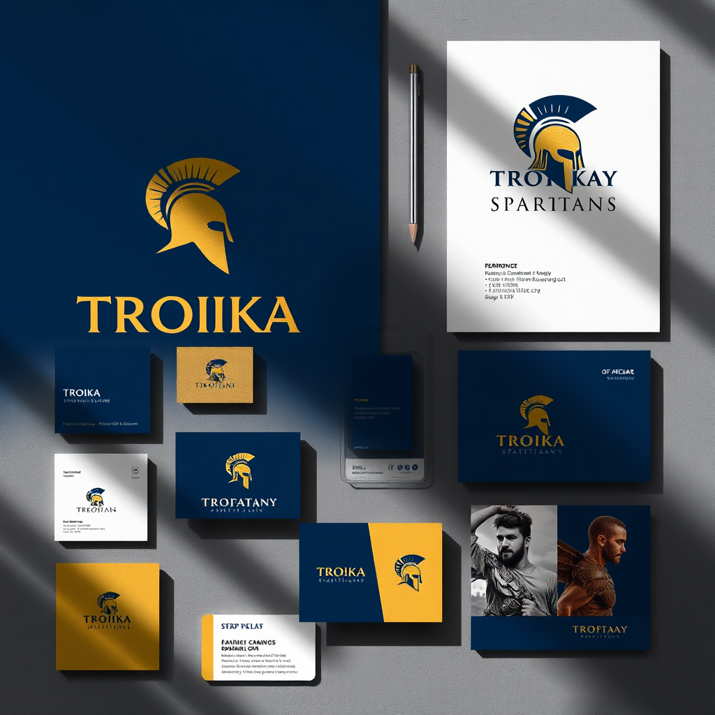 Focus on a brand kit that features the Troika Spartan helmet logo along with various branding materials like business cards and social media graphics. The layout should be rich in Deep Faith Blue and Radiant Gold, presenting an effective branding approach. Natural light should accentuate the textures of each item, emphasizing the thoughtfulness behind each design element.