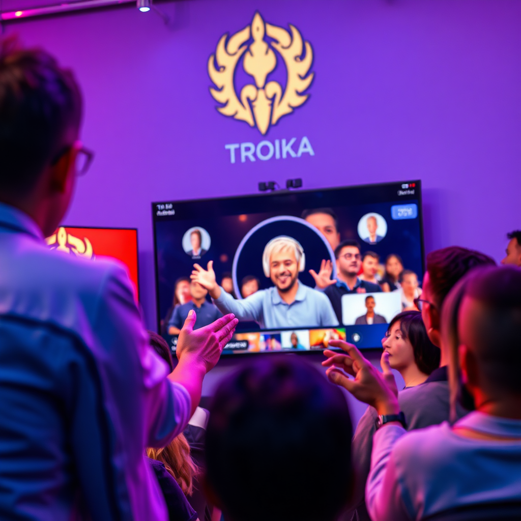Imagine an empowering scene where an online speaker engages an audience with rousing content about faith. The setting should broadcast confidence, featuring a background of the Troika helmet logo and color scheme. The image should focus on expressive interactions, portraying an energetic digital atmosphere rich in colors and textures.