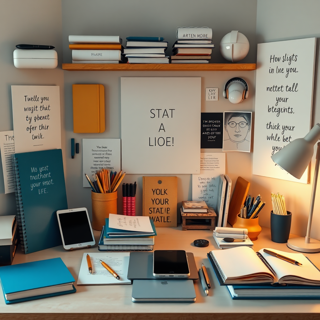Imagine an organized workspace filled with creative tools like notebooks, digital devices, and inspirational quotes. The scene should represent process and creativity within a spiritual context, featuring the Troika helmet logo. Use harmonious colors of Deep Faith Blue, Radiant Gold, and Ivory White, with soft lighting to create a motivational atmosphere, and maintain a hyperrealistic look.