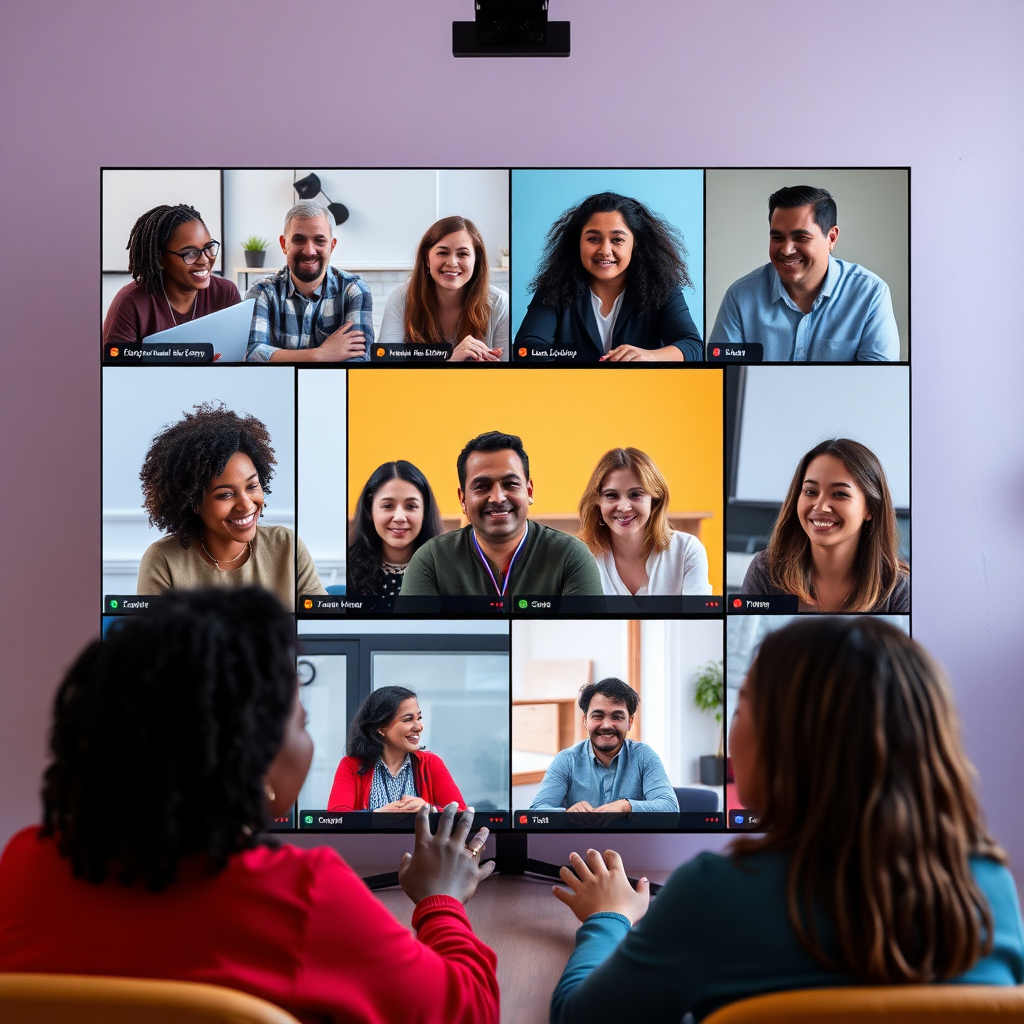 Show a virtual workshop in action, where participants engage lively through video conferencing tools. The focus should be on diverse individuals collaborating on faith-based projects. The backdrop should use the brand colors to create an enriching atmosphere, featuring cheerful expressions, illustrating the joy of learning together.