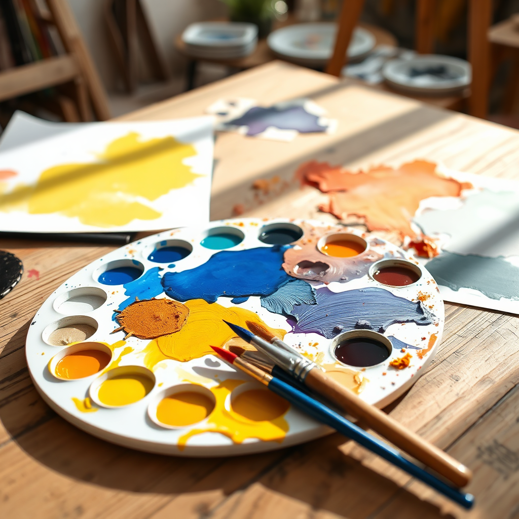 Show an artist's palette featuring Deep Faith Blue and Radiant Gold among other complementary colors spread on a wooden table in a creative space. The image should symbolize choice and vibrancy, with natural light illuminating the colors, enhancing their appeal. Include brushes and design layouts to illustrate the connection between faith and artistry in website design.