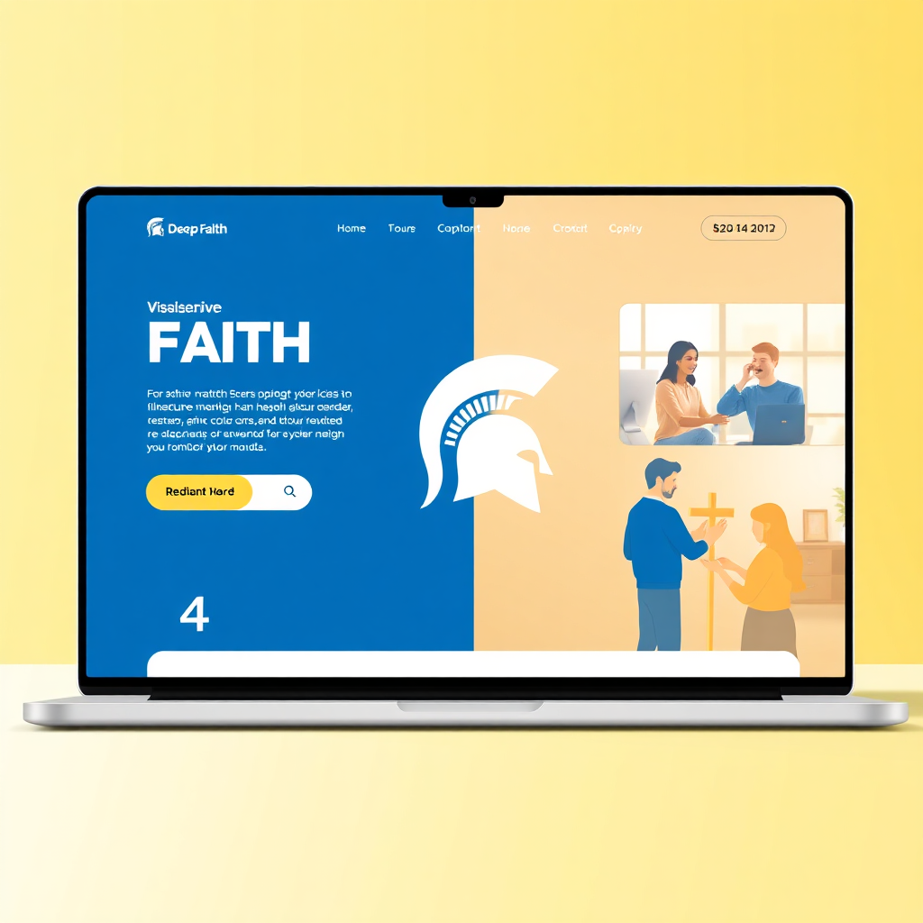 Visualize a digital interface representing a faith-minded website design, featuring the colors Deep Faith Blue and Radiant Gold prominently. Include icons of faith, like a cross and Spartan helmet, integrated into an engaging layout. The scene should be bright and inviting with a modern touch, showcasing users interacting in an online community setting. Use a high-quality, vibrant color palette for visual appeal.