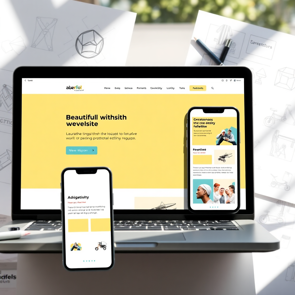 Visualize a smartphone and laptop screen displaying a beautifully designed website mockup that utilizes the defined color palette. The design should be modern and intuitive, with sections clearly marked and engaging graphics. Surround the devices with sketches and notes illustrating the design process. Utilize sunlight for natural highlights to portray clarity and inspiration.