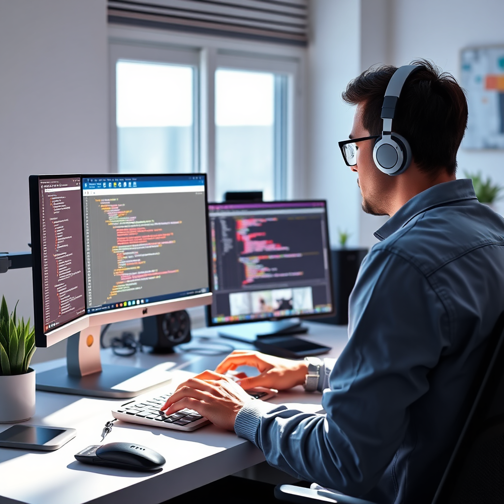 Visualize a web developer working on a dynamic website interface, illustrating coding and design processes. The environment should include technology-related props and a serene ambiance reflecting the Troika ministries color palette. The scene should be bright, with a focus on screens showcasing the work, in high definition.