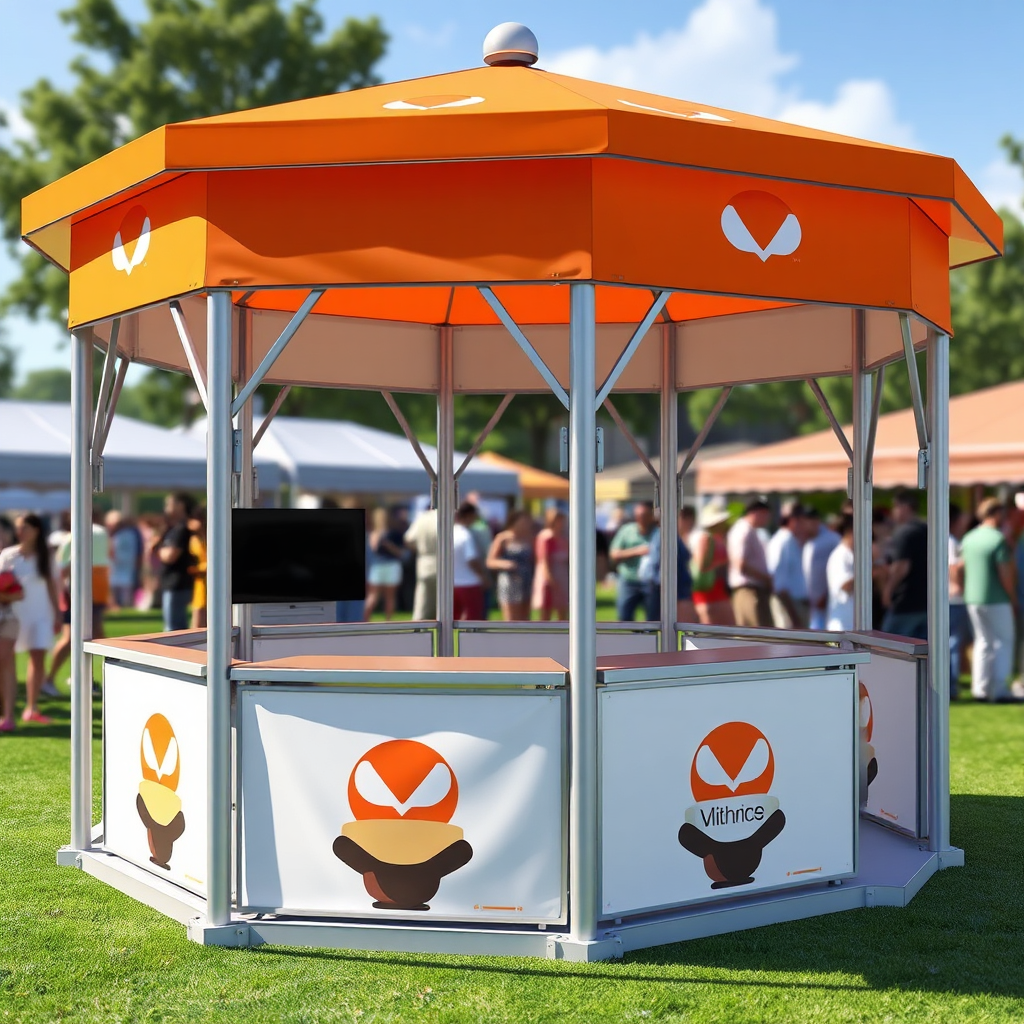 A 3D render of a branded gazebo featuring a unique and eye-catching design, highlighting the customizable features and the brand's logo prominently displayed. The backdrop is a lively outdoor event.