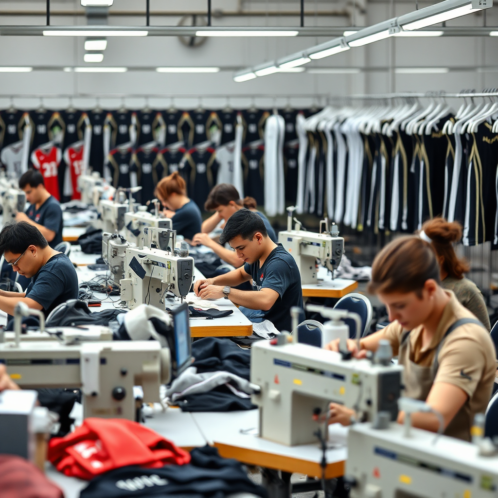 A busy but organized apparel manufacturing facility, with workers operating sewing machines and assembling sportswear. The atmosphere is efficient and professional. The background shows racks of finished garments. Bright, industrial lighting. 4K resolution, photorealistic.