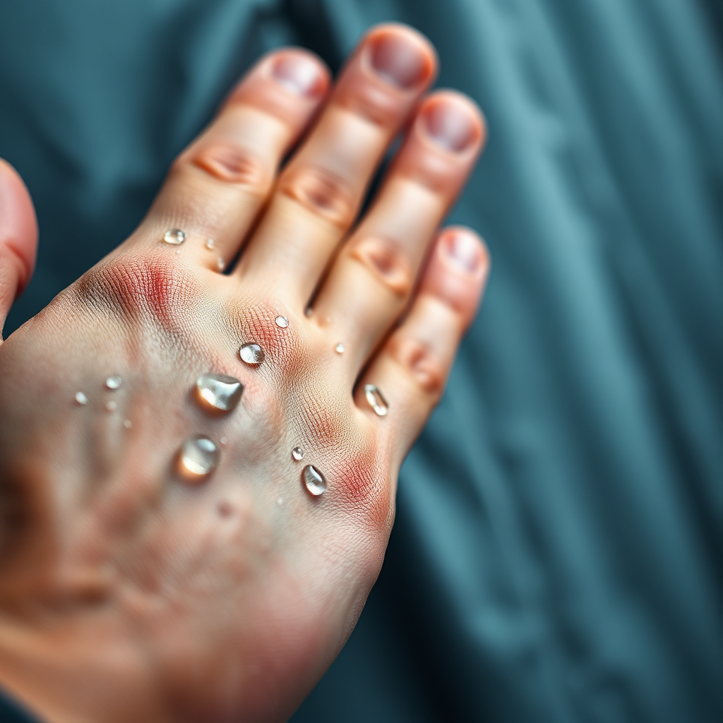  A close-up shot of a hand touching a high-quality, moisture-wicking fabric. Water droplets bead on the surface, demonstrating its waterproof properties. The background is blurred, focusing solely on the texture and quality of the fabric. Sharp, focused lighting. 4K resolution, photorealistic.