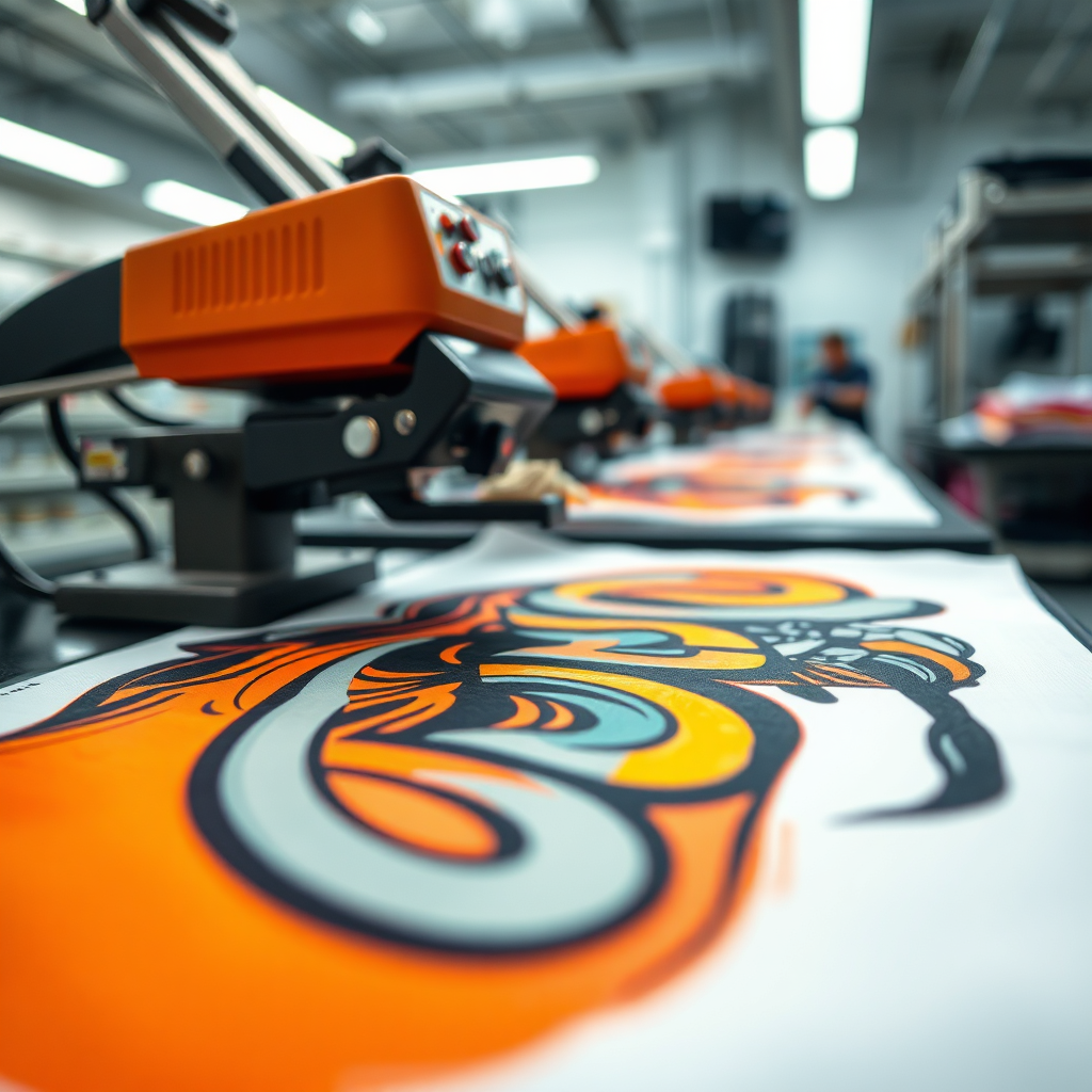 A close-up shot of a sublimated design being transferred onto a piece of fabric using a heat press. The colors are vibrant and the details are crisp. The background is a clean, well-lit production environment. Focused, detailed lighting. 4K resolution, photorealistic.