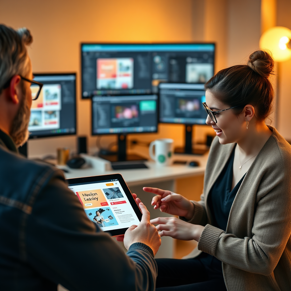 A design consultation between a client and a designer, with design mockups displayed on a tablet. The client is animatedly describing their ideas. The background is a modern design studio with design software visible on computer screens. Warm, inviting lighting. 4K resolution, photorealistic.