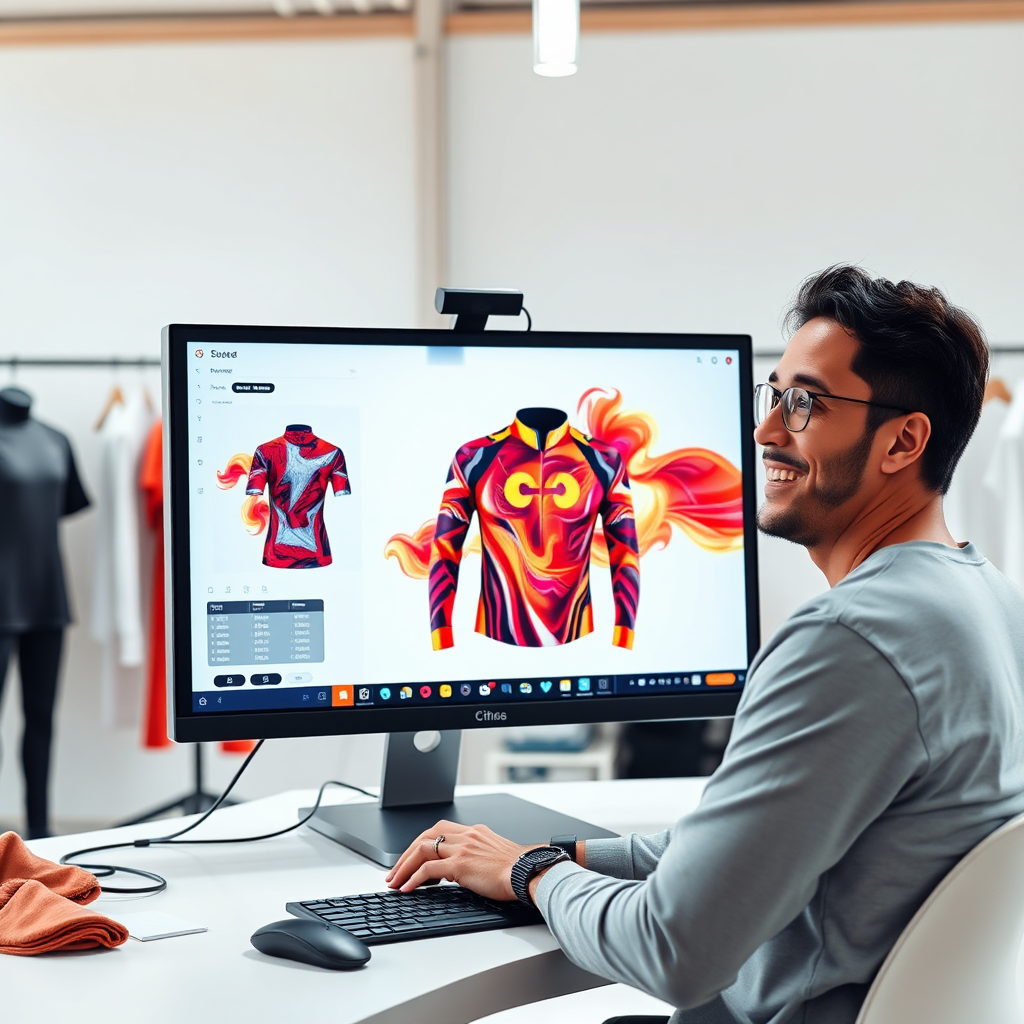  A digital artist working on a sportswear design on a large computer screen. The screen displays a vibrant, complex sublimated design. The artist is smiling, appearing focused and creative. The background is a modern design studio with sample fabrics and sportswear mockups. Soft, ambient lighting. 4K resolution, photorealistic.