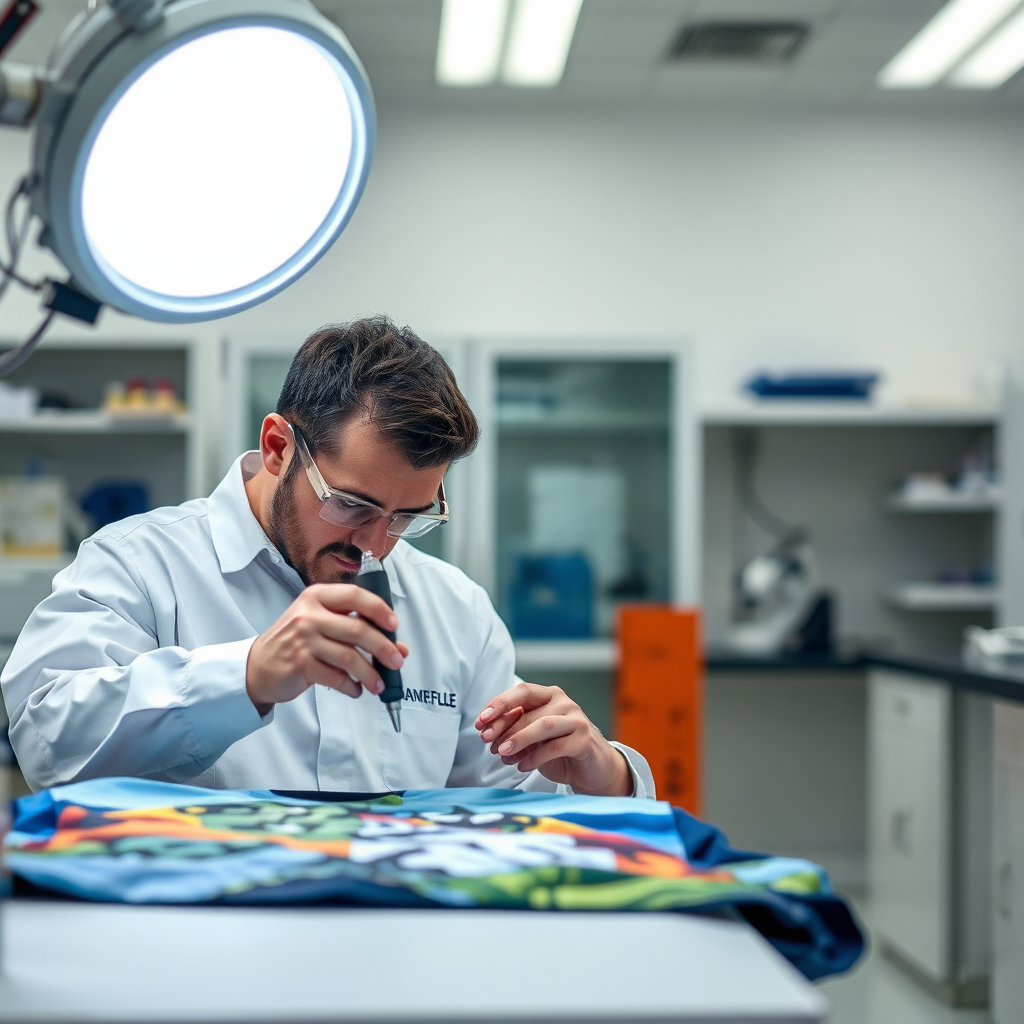A quality control technician carefully inspecting a sublimated garment under a bright light. They are using precision instruments to check for imperfections. The background is a clean, organized quality control lab. Bright, focused lighting. 4K resolution, photorealistic.